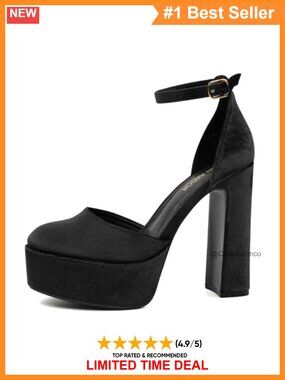 Platform Heels Chunky High Heel Pumps Ankle Strap Closed Toe Suede